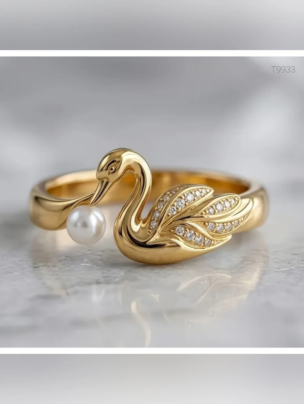 Gold Swan Pearl & CZ Ring - Sz.10. Elegant Women's Jewelry